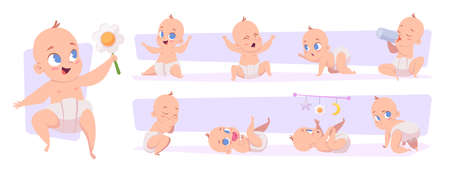 Newborn characters. Little funny baby bathing and playing with toys sleep in diaper exact vector toddler kidsのイラスト素材