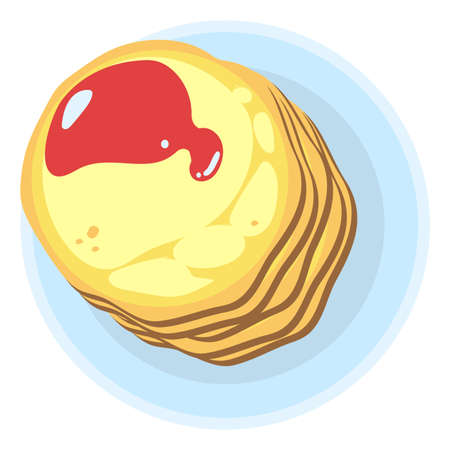 Pancakes with red jam. Plate with stack of flat baking cakesのイラスト素材