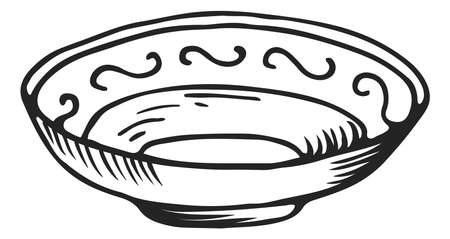 Bowl icon. Decorative dish with ornament in hand drawn styleのイラスト素材