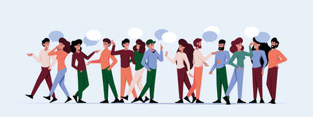 Crowd people talking. Social connection of characters teamwork speaks interesting group conversation garish vector concept backgroundのイラスト素材
