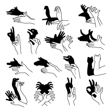 Hands shadow. Theatrical gestures hands puppets creative poses from human fingers different animals birds rabbit bear recent vector illustrationsのイラスト素材