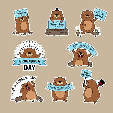 Groundhog day. Ads badges with funny animal happy groundhog symbols of time loop recent vector labels collections with place for textのイラスト素材