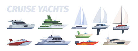 Travel boat. Ocean cruise yacht side view luxury ship garish vector pictures collectionのイラスト素材