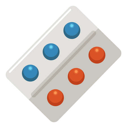 Tablets in foil blister. Blue and red vitamins. Health treatmentのイラスト素材