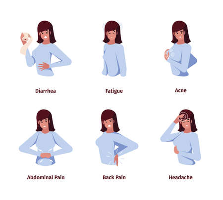 Premenstrual syndrome. Sensitive menstruation cycles woman emotions face constipation bloating diarrhea female periods garish vector flat colored illustrationsのイラスト素材