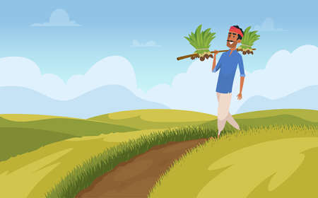 Indian harvesting background. Rural farmer working in field nature people agriculture colored template exact vector illustrationのイラスト素材