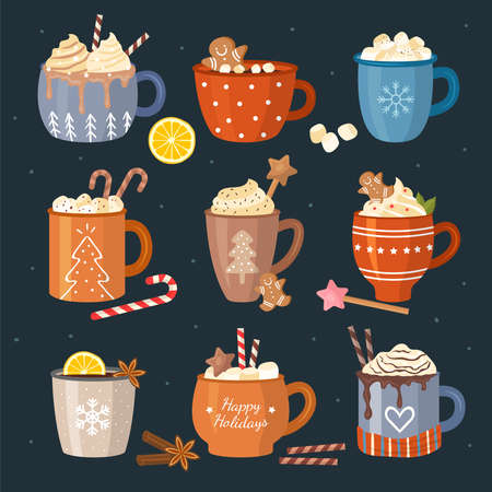Winter drinks. Beverages christmas celebration liquid food coffee tea cappuccino with marshmallows decorative mugs recent vector flat illustrationsのイラスト素材