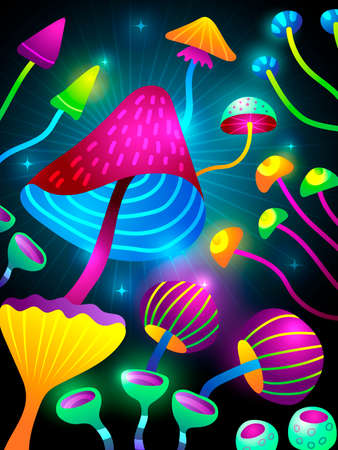 Psychedelic mushroom poster. Decorative placard with poison toxic colored mushroom illustration and place for text recent vector templateのイラスト素材