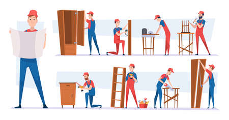 Carpenter workers. Handyman characters installing modern wooden furniture making wardrobes tables and chairs craft team exact vector cartoon illustraのイラスト素材