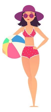 Woman in bikini holding beach ball. Summer fun activityのイラスト素材