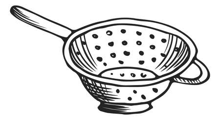 Strainer sketch. Long handle colander. Steel mesh cooking toolのイラスト素材