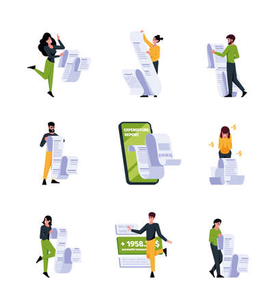 People with documents. Business characters checklists holding and subscribe personal contracts and documents with enterpreneurs garish vector colored collectionのイラスト素材