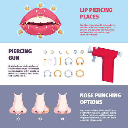 Piercing banners. Body and face decorative elements dots arrows metallic rings piercing nose eyes and lips garish vector printing design templatesのイラスト素材
