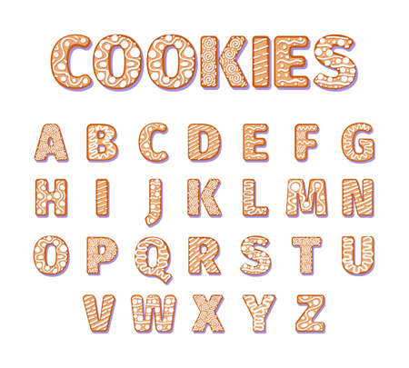 Gingerbread alphabet. Christmas holiday letters xmas cookies alphabet decorated symbols garish vector pictures of biscuitsのイラスト素材