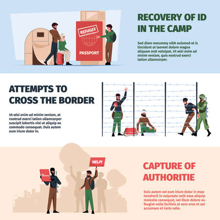 Military banners. War conflict concept illustrations with refugee crying family homeless people garish vector horisontal print templates with place for textのイラスト素材
