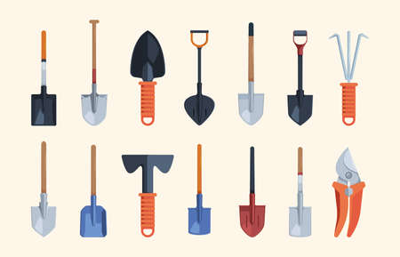 Garden tools. Rakes shovels garden watering cans agricultural objects garish vector pictures setのイラスト素材