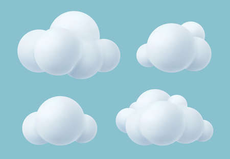Cloud plastic. Realistic soft trendy silver clouds outdoor 3d render atmosphere rounded items decent vector templates collectionのイラスト素材