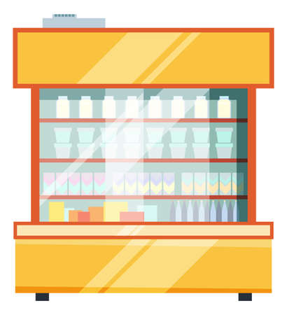 Store refrigerator with food on shelves. Dairy products showcaseのイラスト素材