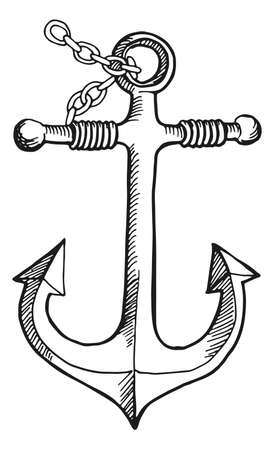 Anchor on chain sketch. Metal ship device. Nautical symbolのイラスト素材