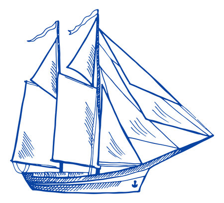 Sail boat engraving. Schooner sketch. Yacht drawingのイラスト素材