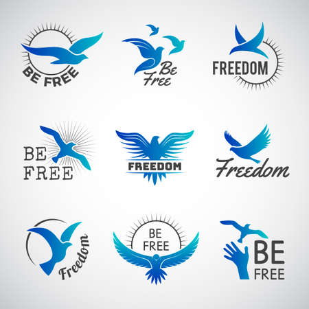 Freedom logo. Business identity symbols with flying birds silhouettes and writing positive inspiration phrases recent vector templates setのイラスト素材