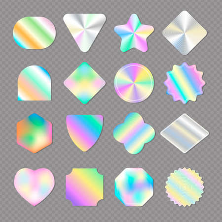 Holographic stickers. Retro shiny gradients stickers ads emblems and tags unicorn funny colors recent vector holographic stampsのイラスト素材