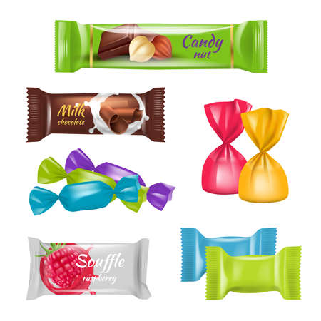 Candies realistic. Colored sugar sweets decoration covers for candies delicious chocolate food decent vector templates set isolatedのイラスト素材