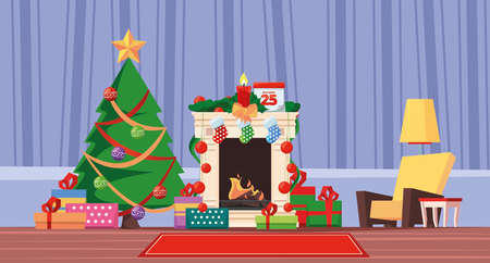 Fireplace. Celebration xmas decoration interior with cozy warm place beautiful modern room garish vector fireplace cartoon backgroundのイラスト素材
