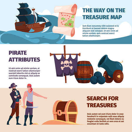 Pirate banners. Printing design template with place for text and pirate symbols ship treasure chest fighters with weapons garish vector illustration setのイラスト素材
