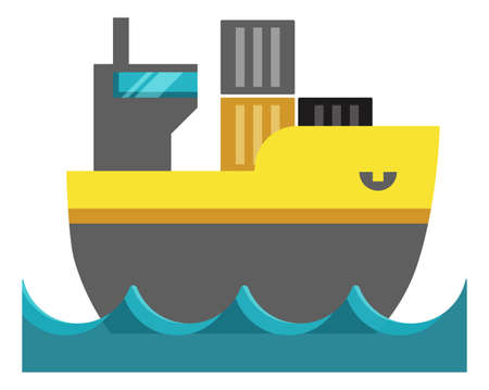 Cargo ship in sea waves. Yellow ship with containersのイラスト素材