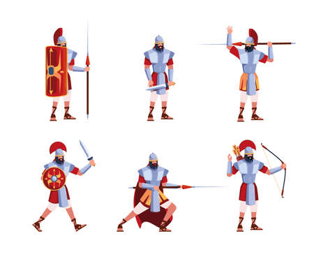 Rome army. Greek legion soldiers with weapons antique fighters from sparta ancients military romain characters garish vector colored warriorsのイラスト素材