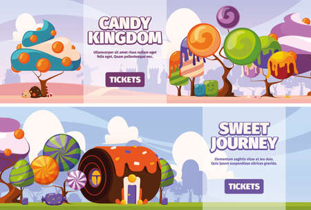 Sweets banners. Fairytale dessert trees cakes with caramel and sugar foam cream garish vector printing design templatesのイラスト素材