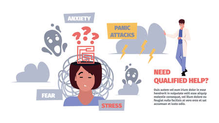 Prejudice problem. Mind brain negative stoped thoughts conservative mental blocks garish vector flat concept backgroundのイラスト素材