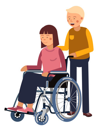 Man pushing wheelchair with sick woman. Health careのイラスト素材
