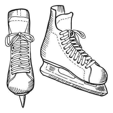Ice skates drawing. Boots with sharp blades in hand drawn styleのイラスト素材