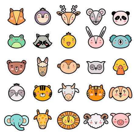 Animal faces. Cute kawaii heads different expression emoticons wild animals set recent vector cartoon stylized setのイラスト素材