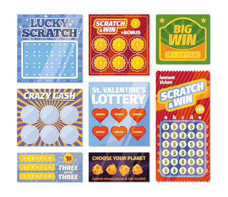 Lottery tickets. Scratching printing lottery winning royal cards with victory prizes garish vector templates colored setのイラスト素材