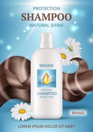 Hair shampoo poster. Ads placard with curly lush hair and bottles packages with liquid cosmetic for self caring decent vector realistic templateのイラスト素材