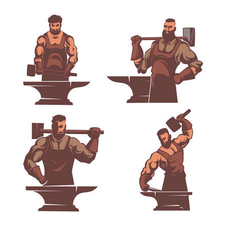 Blacksmith characters. Strong man worker with big steel hammer making weapons armors and other metal elements exact vector blacksmith labels collectionのイラスト素材