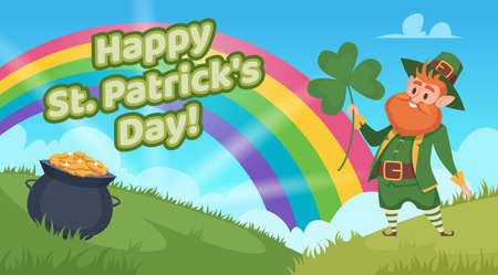 St patrick background. Gnome fairy tale character leprechaun in action poses holding coins brings good luck exact vector templateのイラスト素材