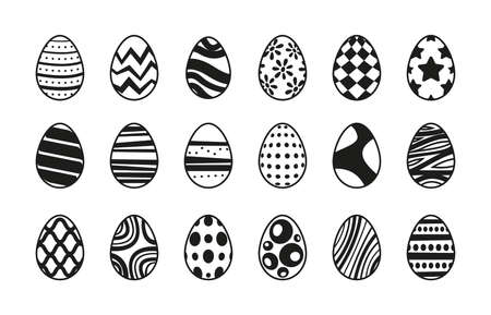 Black eggs. Geometrical painted decorated on easter eggs christian celebration symbols garish vector stylized monochrome illustrationのイラスト素材