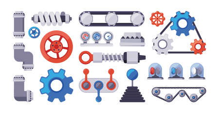 Mechanical parts. Gears buttons robotic arms engineering tools industrial items garish vector...