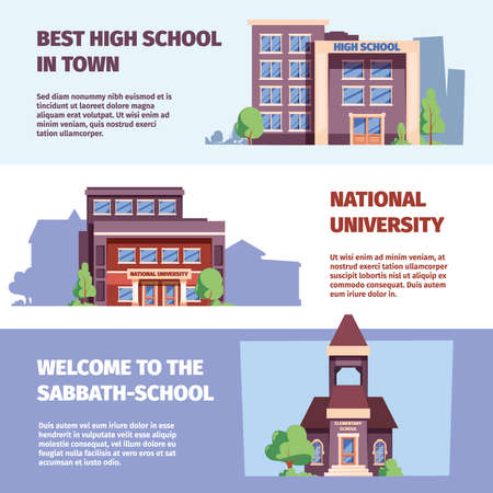 Education banners. Print template with school buildings facades garish vector pictures with place for textのイラスト素材