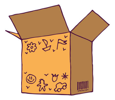 Open cardboard box with childish drawing. Kid stuff package iconのイラスト素材