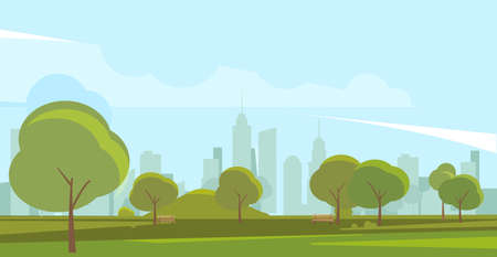 Park landscape. City green area with buildings on backgroundのイラスト素材