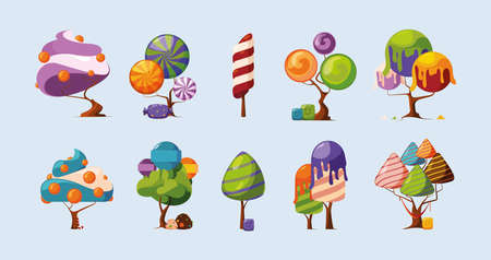 Sweets collection. Cream delicious fantasy sugar trees fantastic candies cake lollipops magic food garish vector colored pictures setのイラスト素材