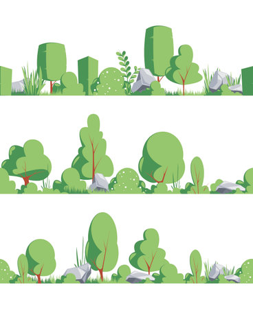 Bushes seamless. Decorative horizontal green bushes templates for game landscape garish vector cartoon backgroundのイラスト素材