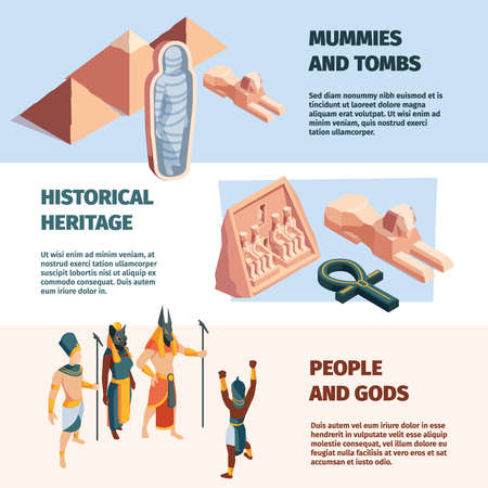 Ancient banners. Travelling concept picture with historical egyptian figures and architectural objects pyramid pharaones gods garish vector templatesのイラスト素材