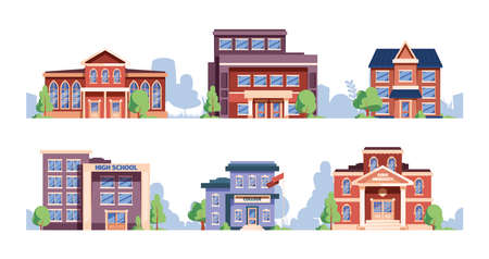 School buildings. Municipal architectural constructions education various rooms garish vector school picturesのイラスト素材