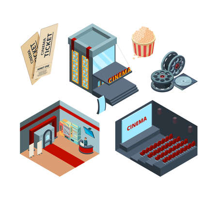 Cinema stage isometric. Inside interior of movie hall entertainment illustrations cinema ticket red curtains vectorのイラスト素材